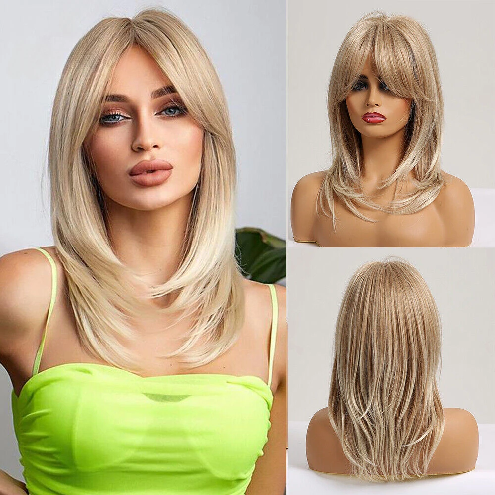 

Short Layered Blonde Synthetic Wigs with Bangs for Women Natural Wave Daily Wig