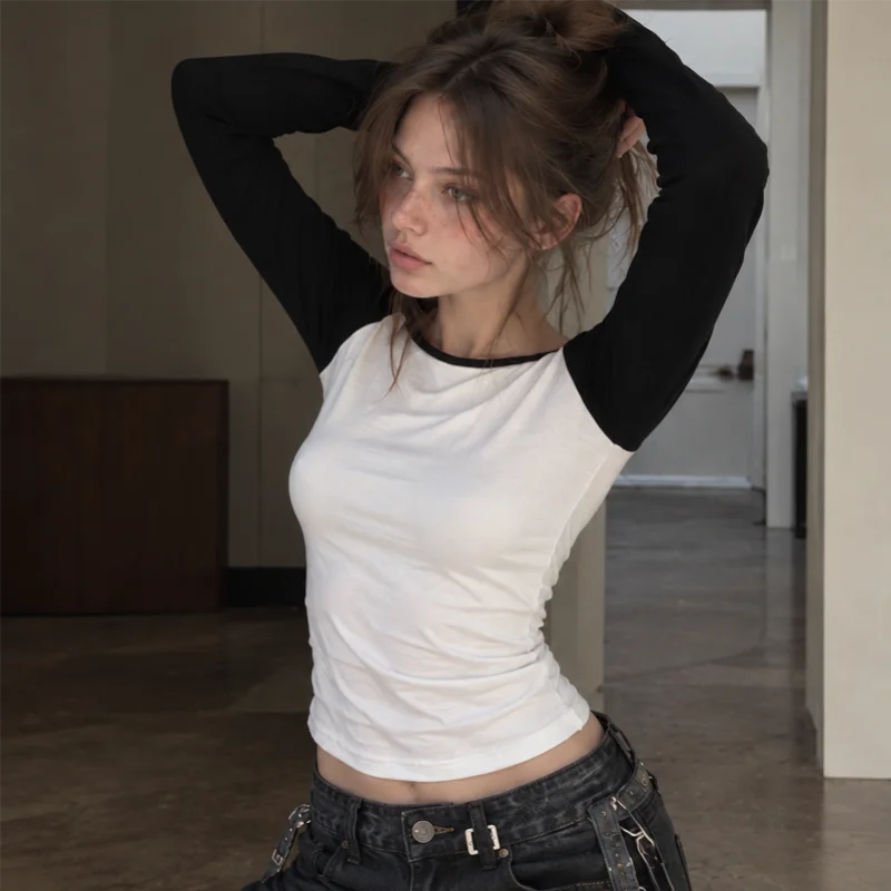 Women Black White Long Sleeve T Shirt One Shoulder Slim Fit Colorblock Y2K Vintage Streetwear Casual Crop Top Spring Autumn