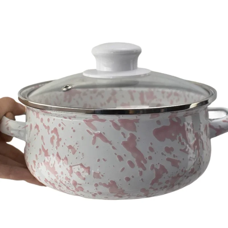 Vintage Enamel Cast Iron Soup Pot in Pink with Ink Splatter – Perfect for Dorm Room Noodles or Home Stews on An Induction or Gas