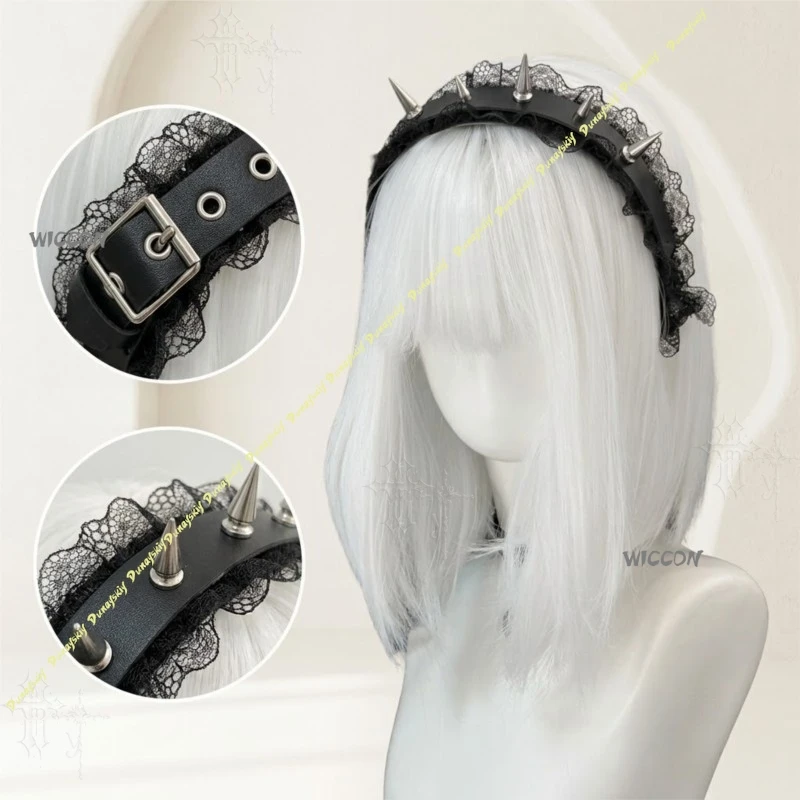 Jirai Kei Dark Gothic Lace Rivet Hairband Handmade Dolly Kei Alt Culture Head Decor Vintage Punk Accessory  Female Daily Outfit