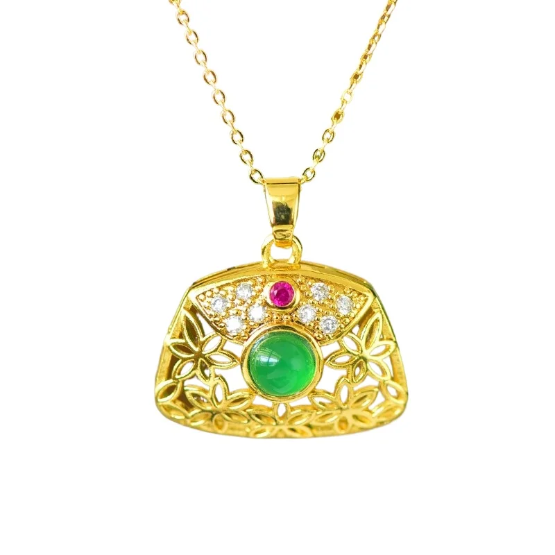 Copper Inlaid Natural Chalcedony Round Drum Bread Bag Hollow Filament with Colored Zirconium Pendant Simple Necklace Women's