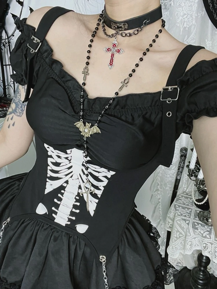 

Женский топ-корсет без рукавов в стиле готика, киберпанк, Y2K, с принтом костей, уличная мода Харадзюку