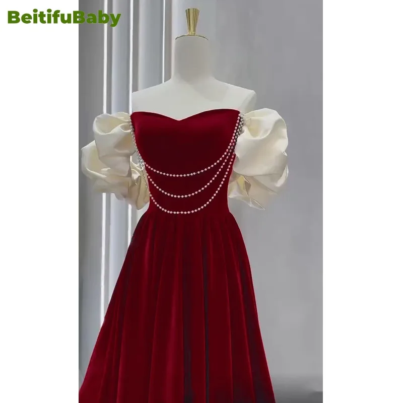 BeitifuBaby Wedding Party Dresses for Women Elegant Velvet Off The Shoulder Beading Banquet Gown Women\'s Evening Dress Vestidos