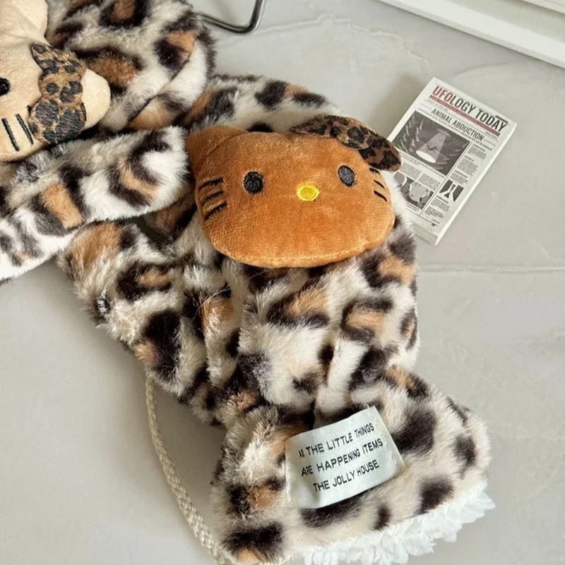 Gants en peluche chat Kt imprimé léopard pour filles pour garder au chaud en hiver épaissi pour le cyclisme et garder au chaud cadeau d'hiver pour les filles