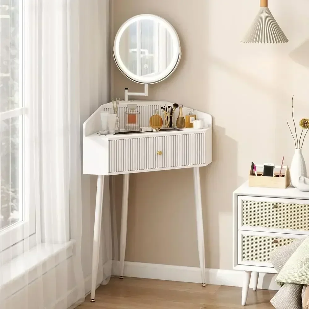 Compact Retractable Mirror Vanity Desk with Rotating Mirror and Lights, Glass Top Makeup Table for Women with Storage Space