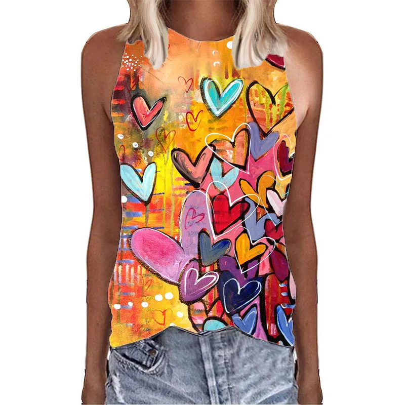 Graffiti Colorful Love Hearts 3D Print Tank Tops Summer Women O-Neck Vest Off Shoulder Y2k Sleeveless Camisole Woman Clothing