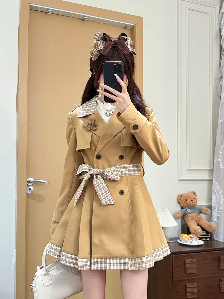 Khaki Splicing Windbreaker Women's Medium Length Coat Autumn Season Commute Style Korean Version Polyester Viscose Blend