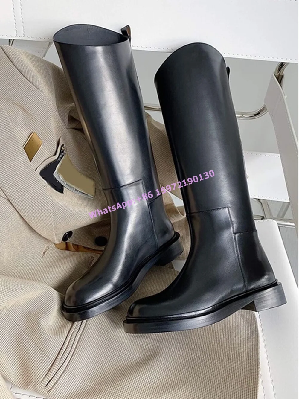 Genuine Leather Long Knight Boots Round Toe Chunky Heels Slip On Black Knee High Shoes Winter Cool Sexy Runway Boots 2024