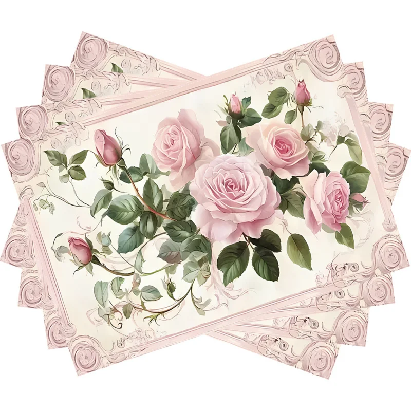 VIKAMA Vintage Floral Placemats Set of 4/6/8 Pink Rose & Green Leaf Pattern Indoor Outdoor Use Dining Table Decor