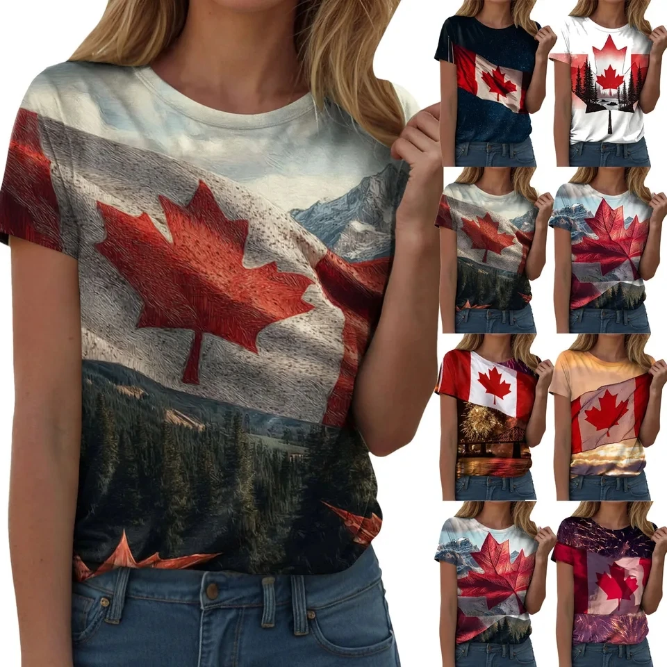3D Print Canadian Flag Graphic Tshirt For Women Maple Leaf Pattern Tee Tops Casual Short-Sleeved T Shirts Canada Day T-Shirt