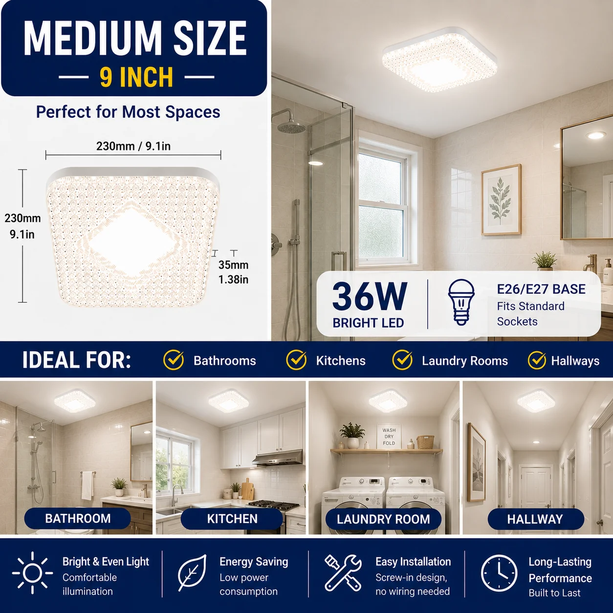 85-265V bathroom toilet balcony kitchen bedroom light E27 screw-type LED dining room study room square white light bulb