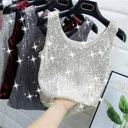 Paillettes scintillanti gilet girocollo abbigliamento esterno donna 2022 estate nuova seta brillante moda Glitter fondo camicia bretella Top