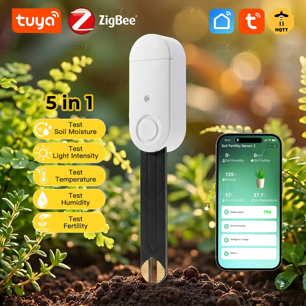 Tuya Zigbee Bodenfeuchtigkeitssensor Temperatur Luftfeuchtigkeit Lux Fruchtbarkeit 3/4/5 in 1 Blumen Pflanzen Bodenwasser-Mangel-Tester für Z2M