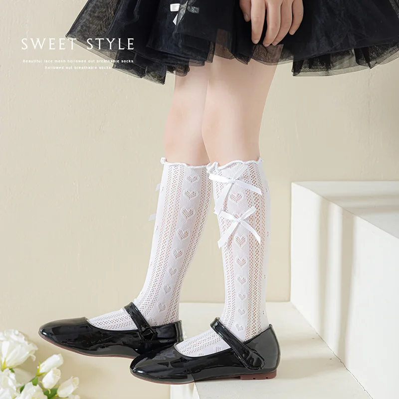 1 Pair Summer Thin Kids Girl Calf Sock Cute Pricess Heart Style Hollow Bow Ruffle Sock for Children Soft Elastic Fashion Sock