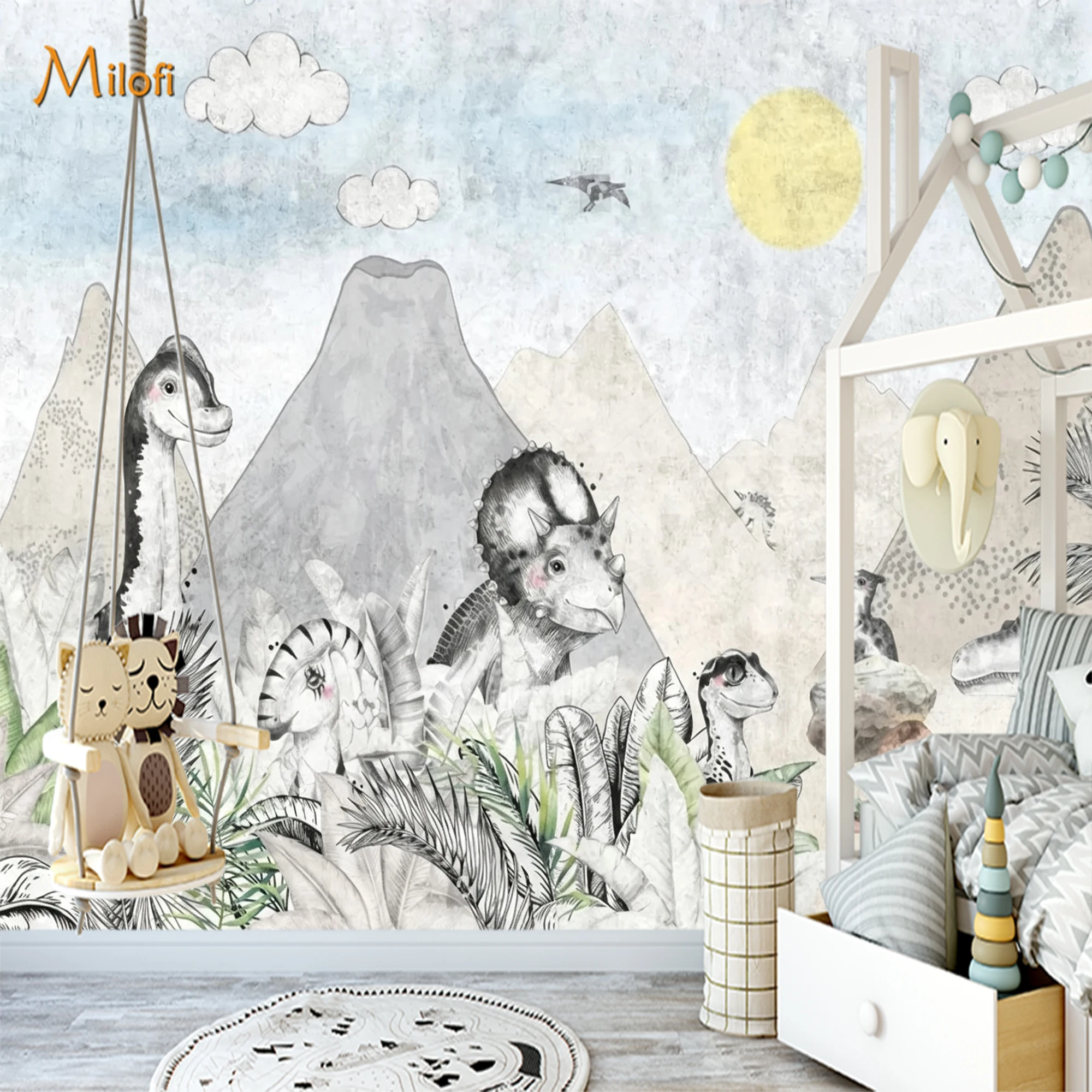 Kids Dinosaur World Wallpaper Custom 3D Peel Stick Wall Mural Watercolor Volcano Mountain Dino Boys Nursery Home Wall Decoration