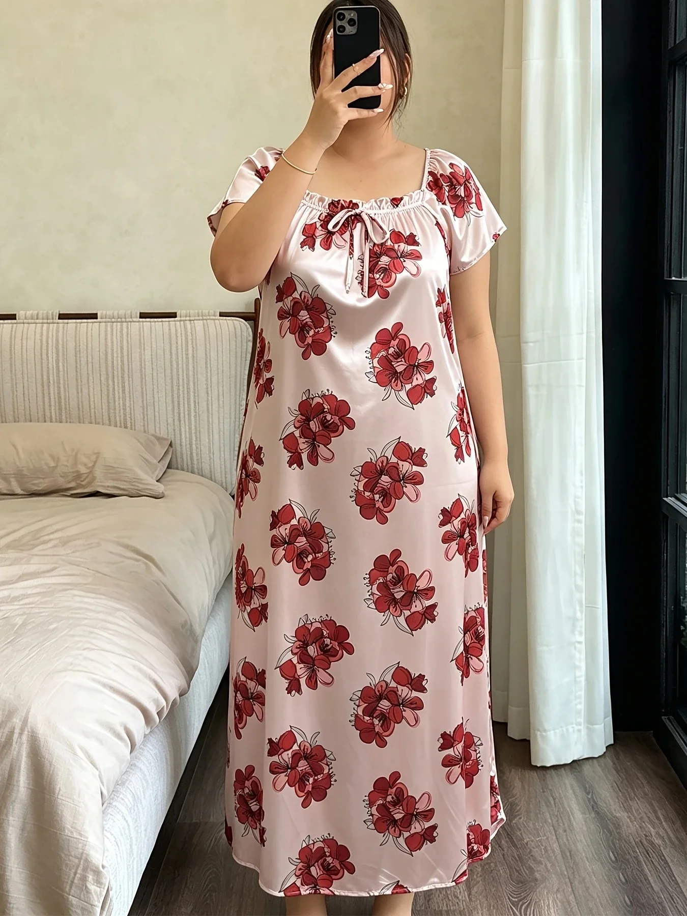 Plus Size Ice Silk Sleepwear Women Floral Print Square Neck Short Sleeve Button Drawstring Ruched Long Night Dress