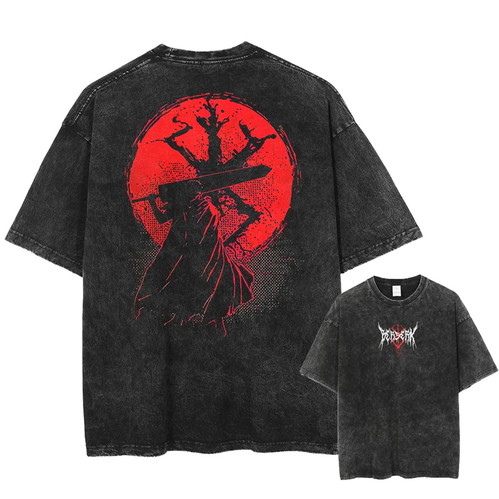 

Berserk Anime Vintage Washed T-Shirt | Retro Red Sun Graphic Tee | Oversized Cotton Streetwear for Men | Casual Hip Hop Tops