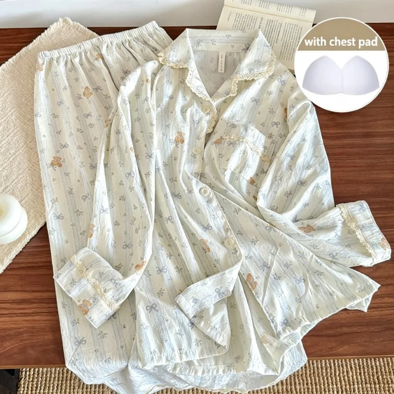 Sleepwear Women with Chest Pad Cute Bear Bow Print Sleepwear Autumn Long Sleeve Lace Hem Soft Sweet Kawaii Loungewear Nightwear