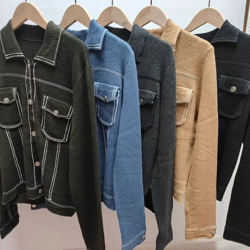 

Polo Collar Knitted Women's Wool Sweater 2023 Autumn and Winter New Style Imitation Denim Loose Fit with Pockets Versatile Jacket