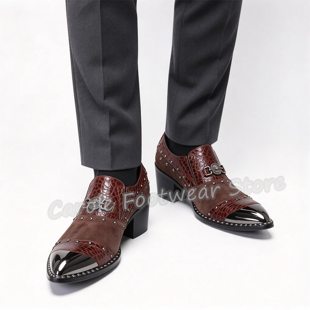 Male Metal Pointed Toe Rivet Decor Genuine Leather Shoes Punk Rivet Crocodile Embossed Splicing Chunky Heel Party Dress Shoes