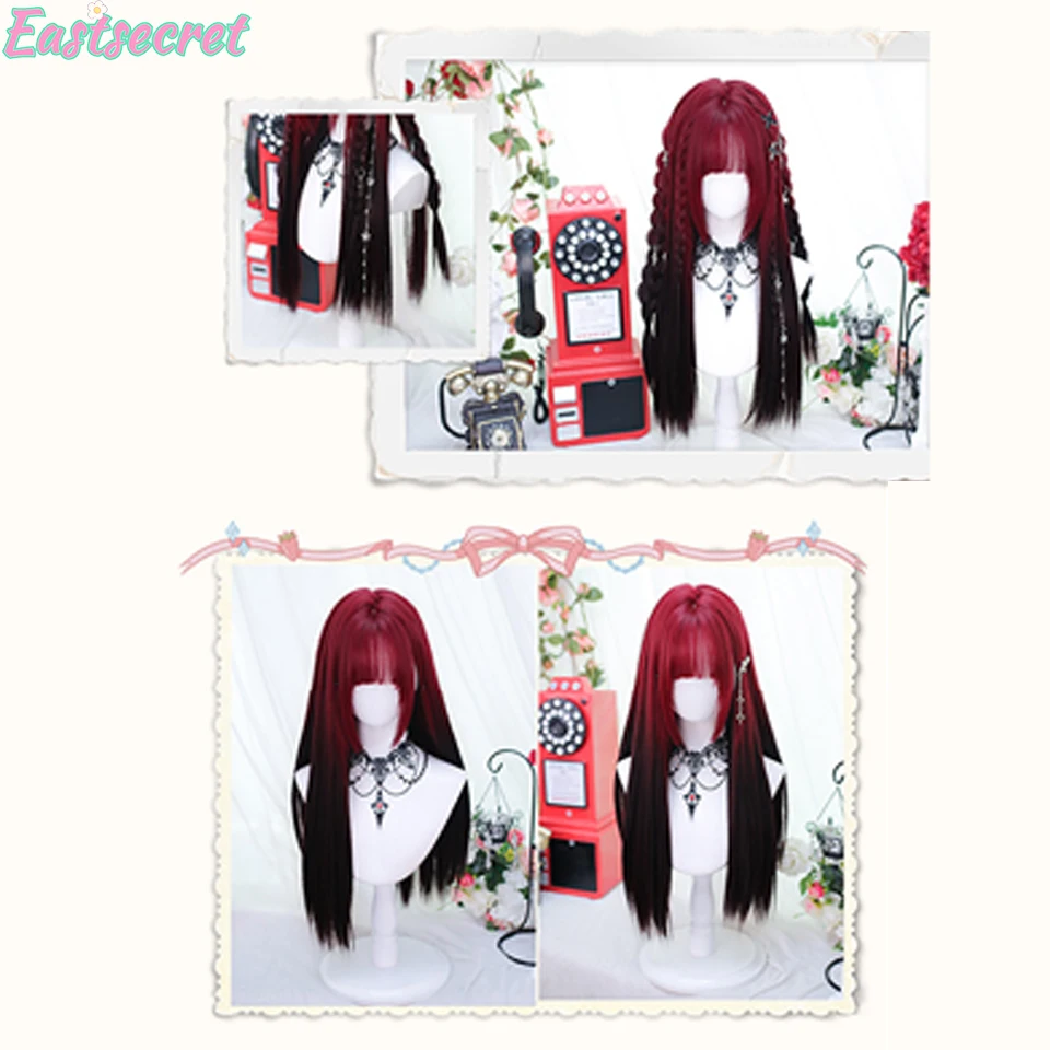 Synthetic Wig For Women Halloween cos Wig Straight Hair Women\'s Bangs Red Gradient Black Long Hair Natural Layered  Straight