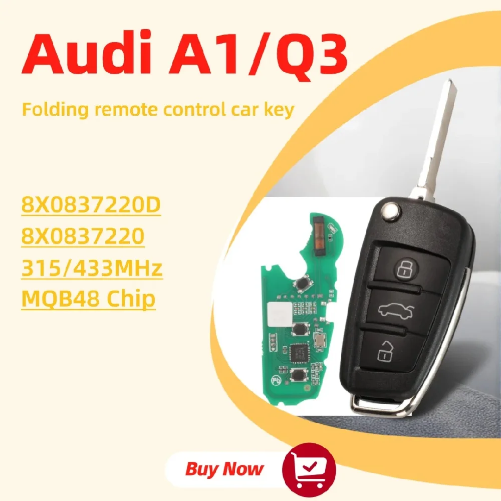 

jingyuqin 3 кнопки, 315/433 МГц, чип ID48, 8X0837220/8X0837220D для Audi A1/Q3 2011-2017, смарт-ключ-брелок с функцией Keyless Go, выкидной, для автомобиля