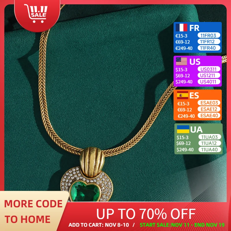 

Vintage Emeralds Heart Crystal Green Necklace Pendant Romantic Boho Gold-Color Rhinestones Snake Bone Chain Women Bridal Jewelry