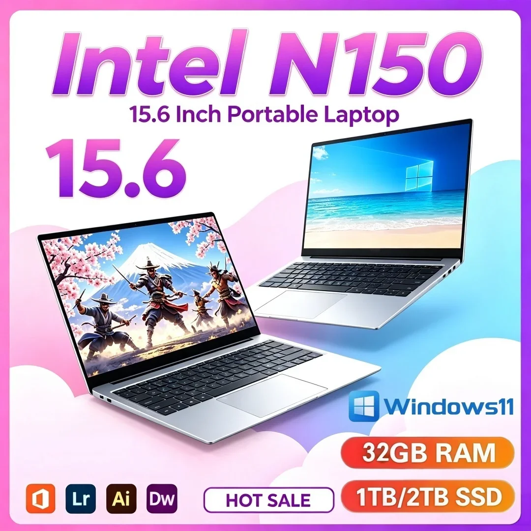 15.6 Inch Intel N150 2026 Premium Windows11 Portable Laptop 1/2TB SSD Office Study Laptop 16GB/32GB RAM