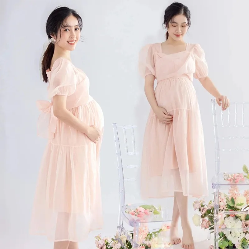 Maternity Organza Dress French Style Princess Dress Cute Pink Square Neck Bubble Sleeve Maternity Photography Dress