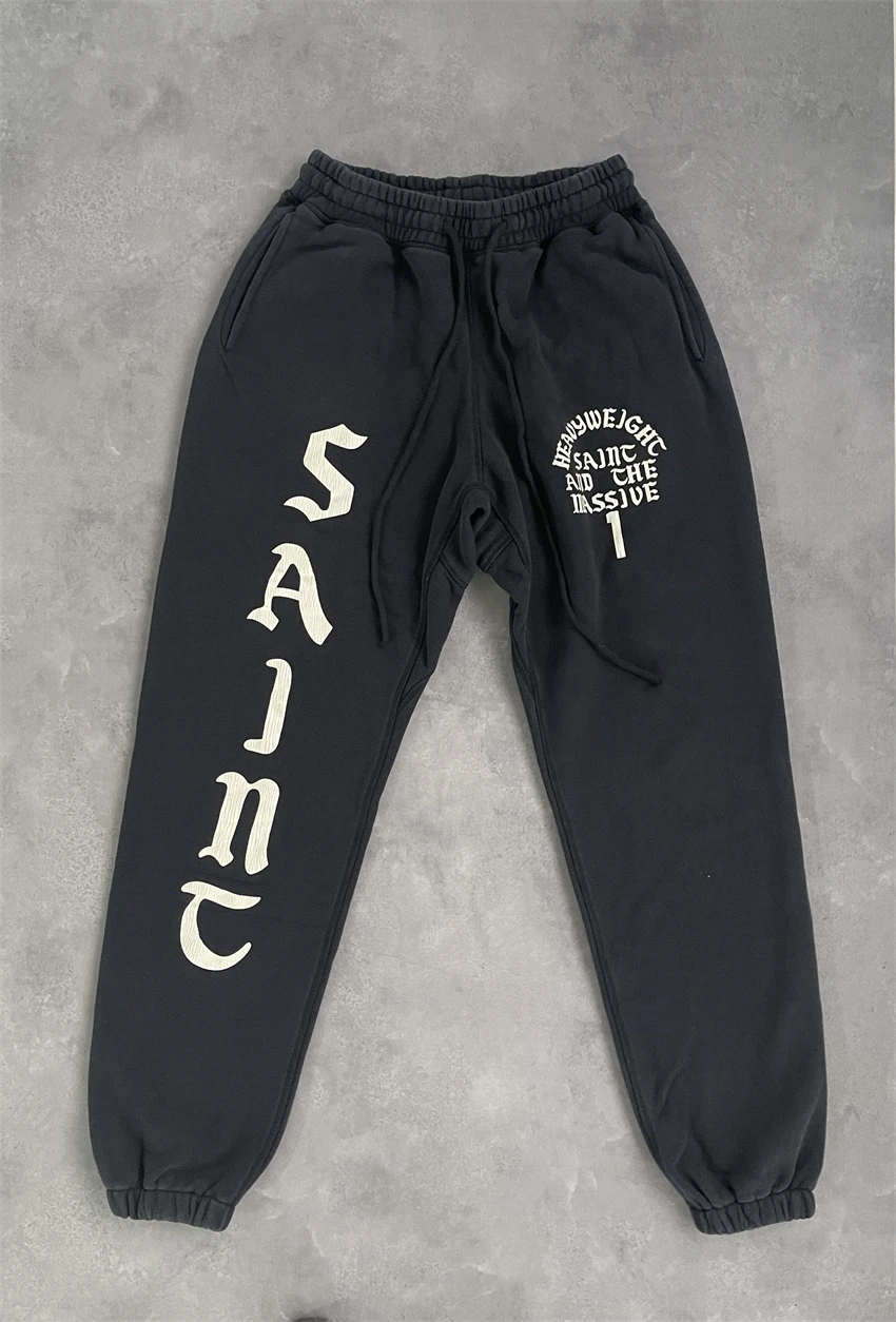 High Quality Vintage Saint Street Letter Printed Washed High Street Casual Pure Cotton Fleece Sports Trendy Leggins Pants