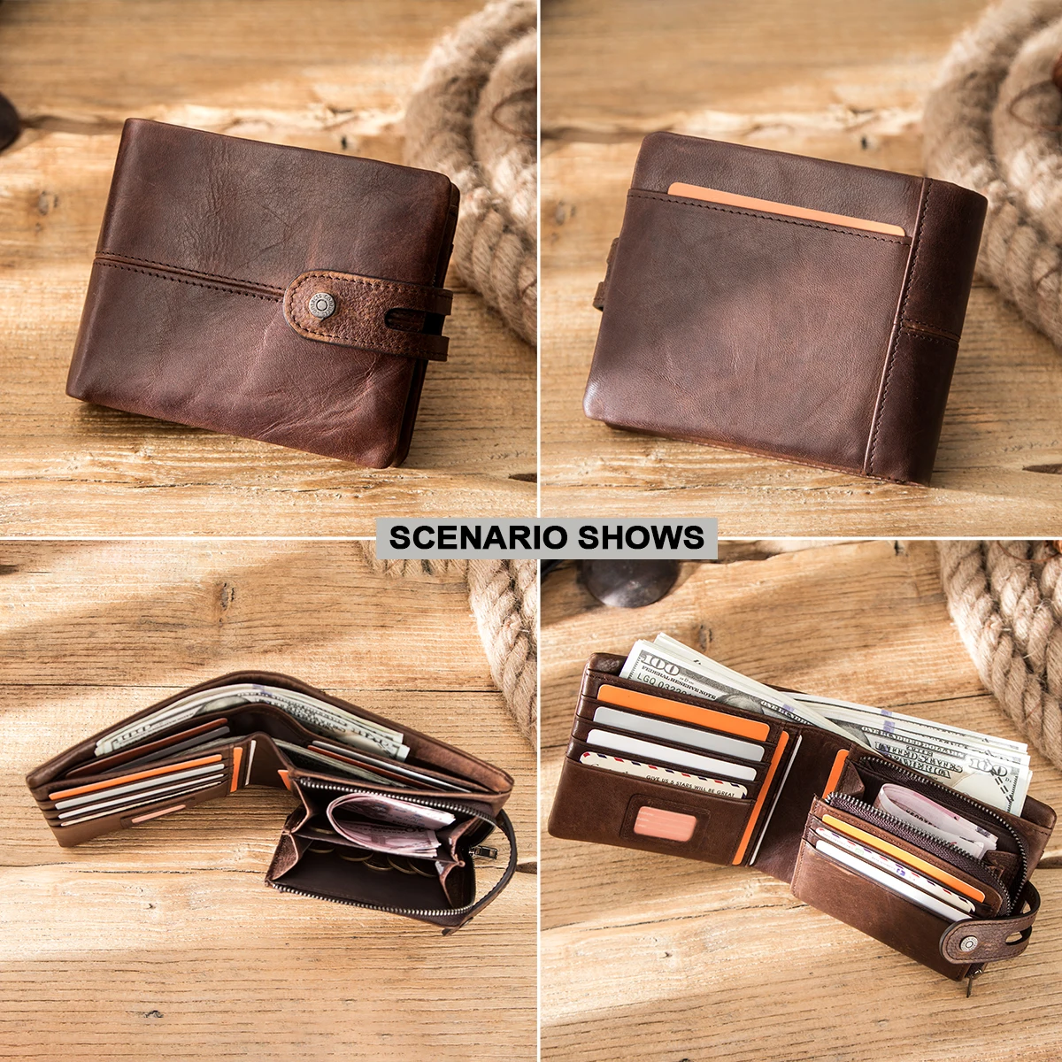 CONTACT\'S, billeteras informales para hombre, monedero corto de cuero Crazy Horse, billetera con diseño de cerrojo, carteras de mano de cuero de