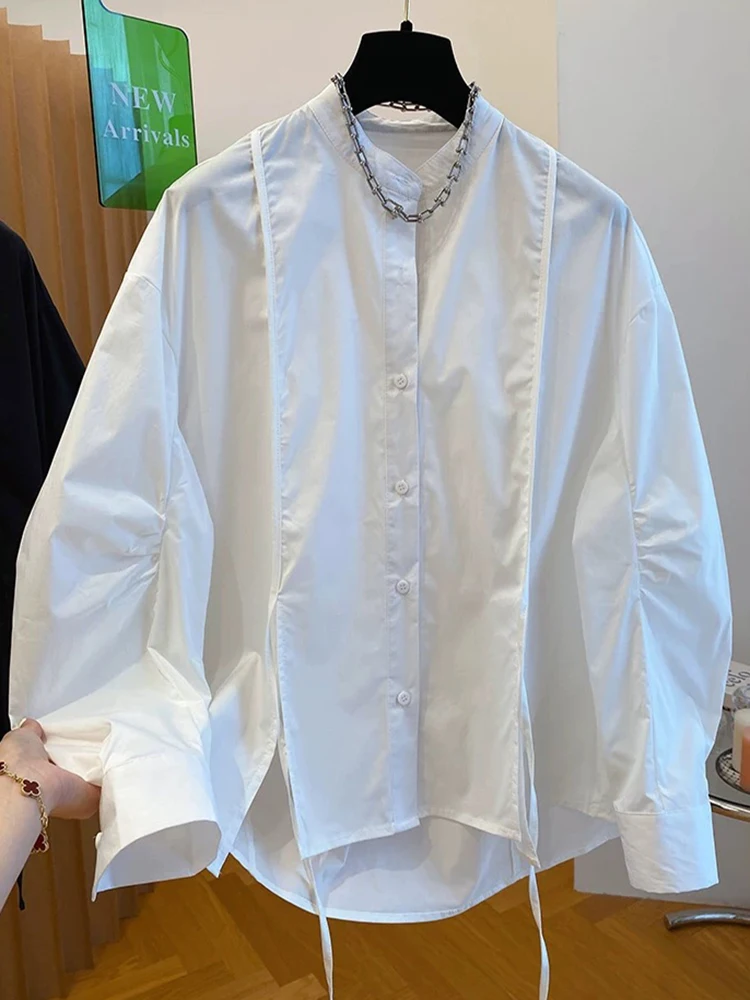 

Loose Long Sve irt Women's Spring Autumn Sle Brand Bule Sa Split Design Lantern Sve Stand Collar Slimming Top