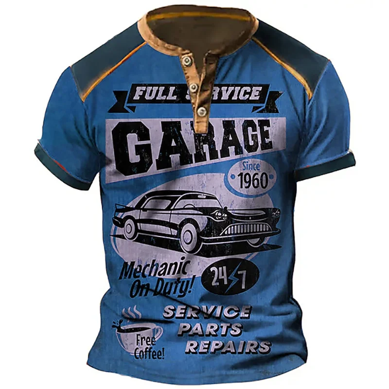 Car Graphic 3D Print Vintage Henley Shirts Men\'s Fashion Oversized Button-Down Short Sleeve T Shirt Man Male Tees Tops Clothing