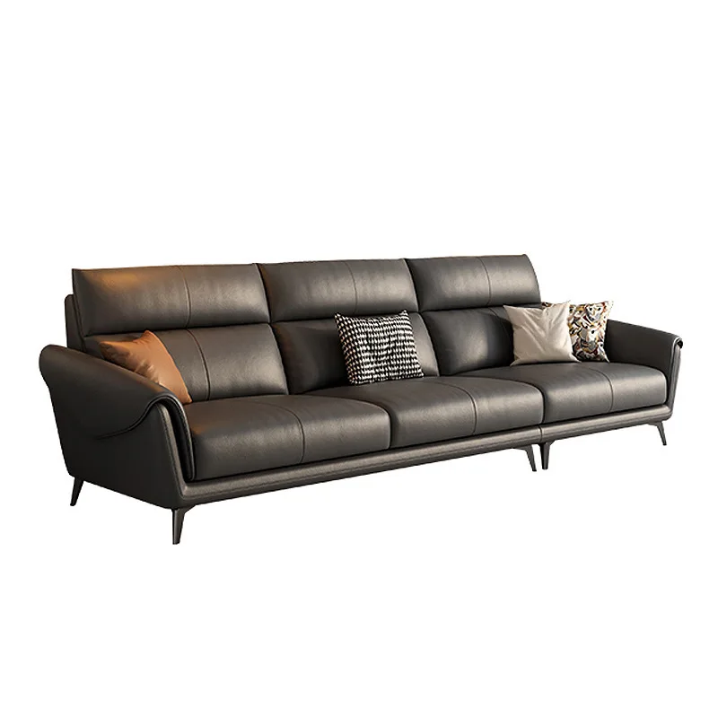 

Italian minimalist leather sofa high foot straight row high sense medieval retro living room three people high backrest cowhide