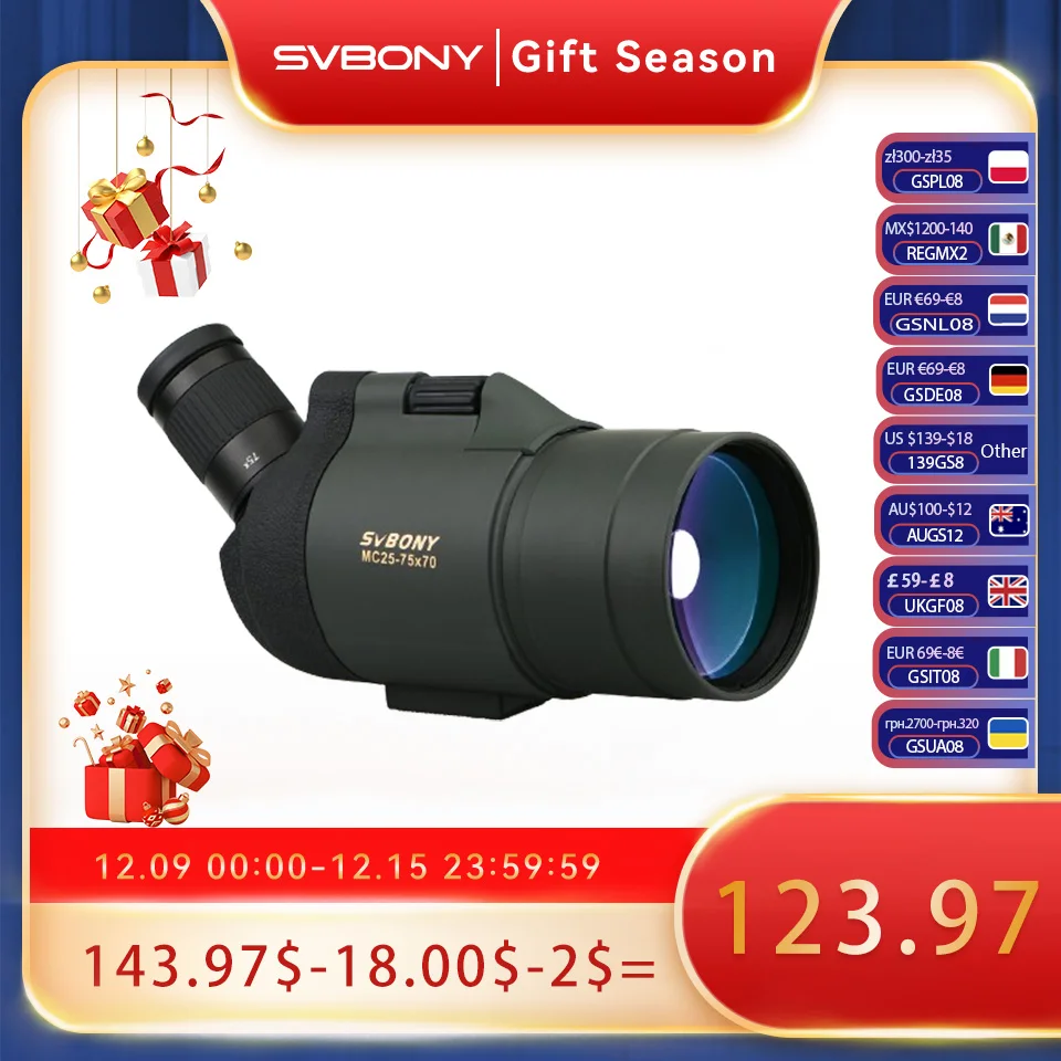 SVBONY SV41 Portables Telescope Spotting Scope 25-75x70 Mini MAK FMC BAK4 Fine Focus Knob Focusing for Birdwatching Outdoor Work