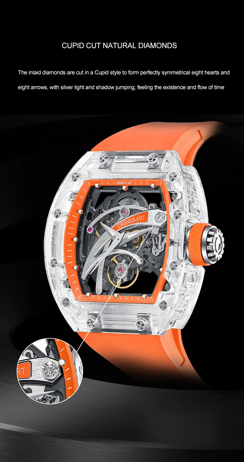 CRONUSART orologio automatico da uomo 50mm orologio da polso meccanico Tonneau di lusso con cassa in zaffiro quadrante con cinturino in fluorurrubber luminoso