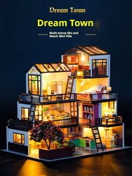 Case delle bambole in legno fai da te Dream Town Casa Kit di costruzione in miniatura Villa Casa delle bambole con mobili luci a Led per regali di compleanno per ragazze