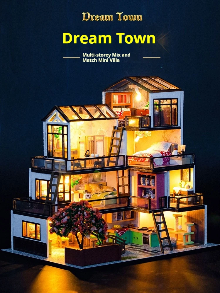 Diy Wooden Doll Houses Dream Town Casa Miniature Building Kit Villa Dollhouse With Furniture Led Lights For Girls Birthday Gifts