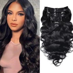 Extensiones de cabello humano ondulado para mujeres negras, Clip de 8 piezas, doble trama, 120g