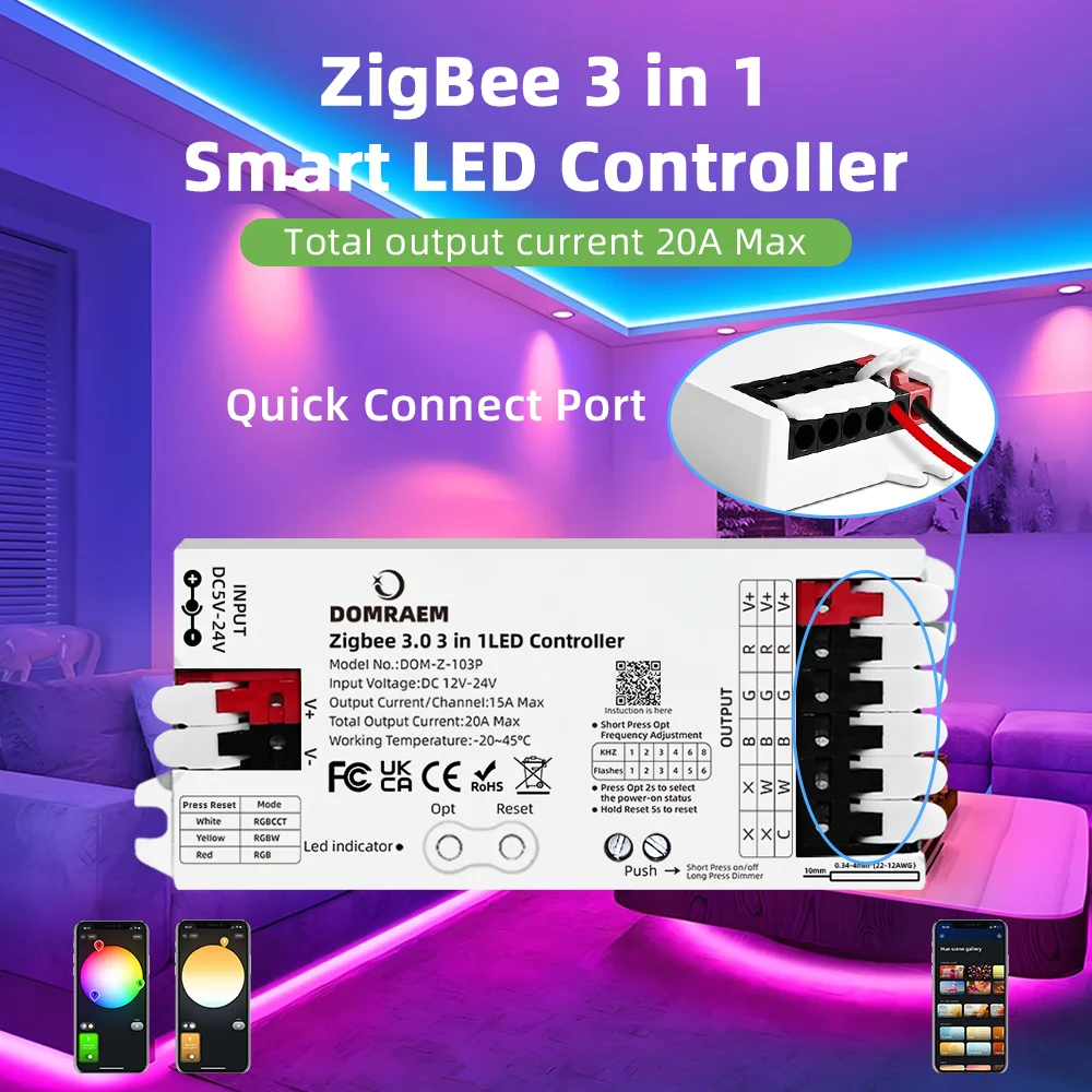 Domraem Zigbee3.0 DC12-24V 20A RGB RGBW RGBCCT 3 in 1 LED Strip Controller Compatible with HU*E SmartThings Echo Plus (No Tuya)