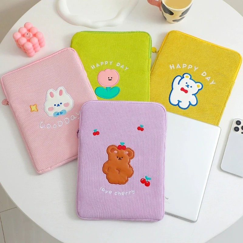 Sweet Cartoon Bear Rabbit Embroidered Tablet Bag Soft Cushioned Shockproof Zipper Laptop Sleeve For MacBook iPad Teen Girls Gift