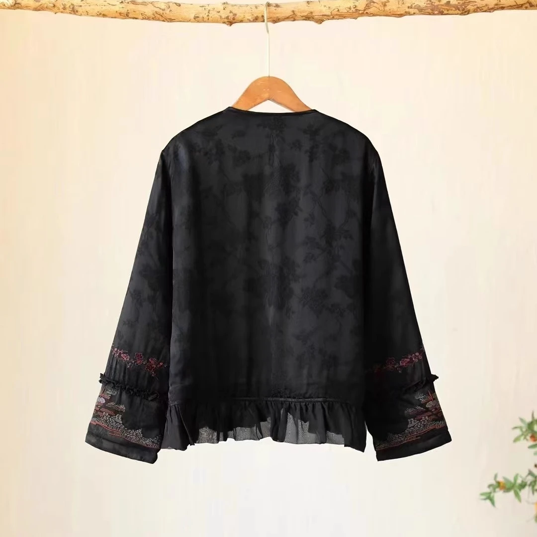 NEW Winter black jacket Vintage Rayon jacquard embroidery Thin cotton warm short coat Lightweight padding luxury Women's clothes