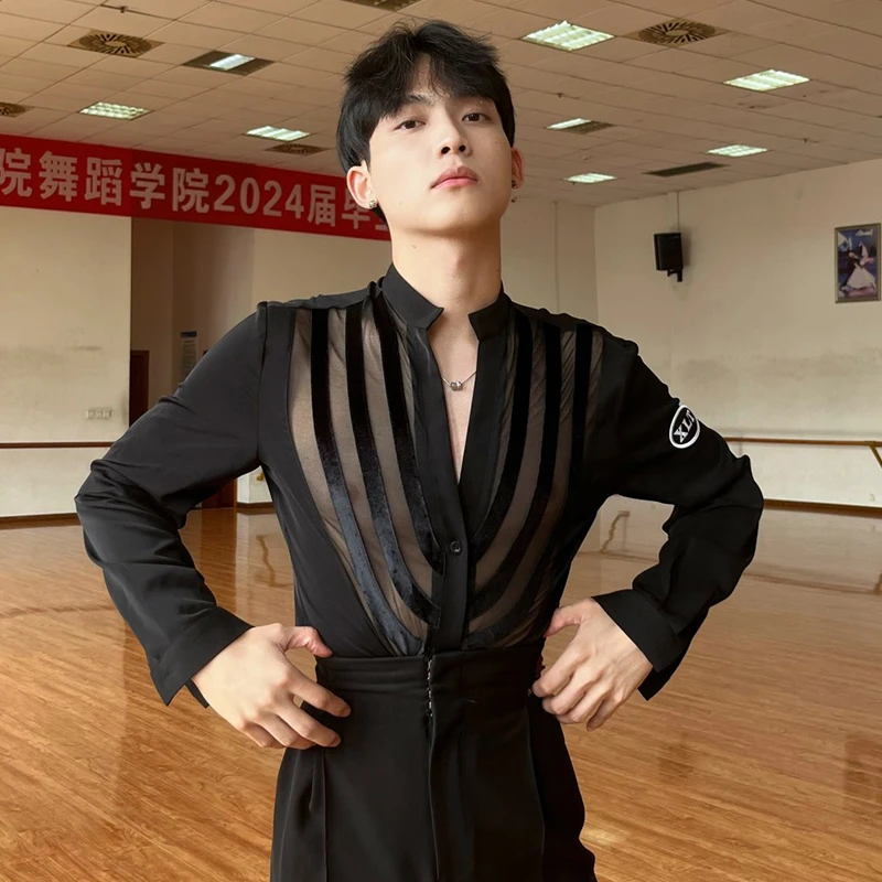 Adult Male latin Dance Clothes Men V Neck Striped Mesh Long Sleeves Shirts Cha Cha Ballroom Dance Competition Clothing DNV20845