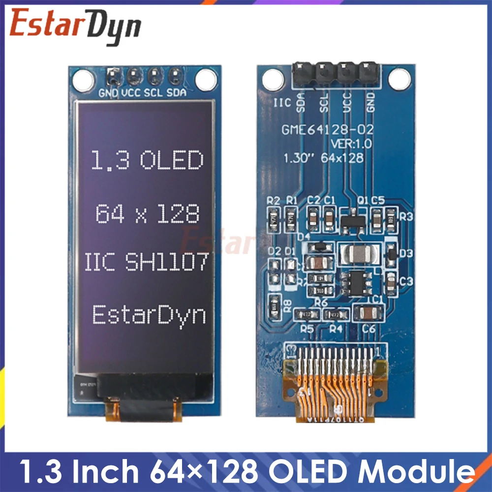 Pre-soldered Pins SH1107 1.3 Inch Whit OLED Display 64x128 I2C for ESP32 ESP8266 Raspberry Pi DIY