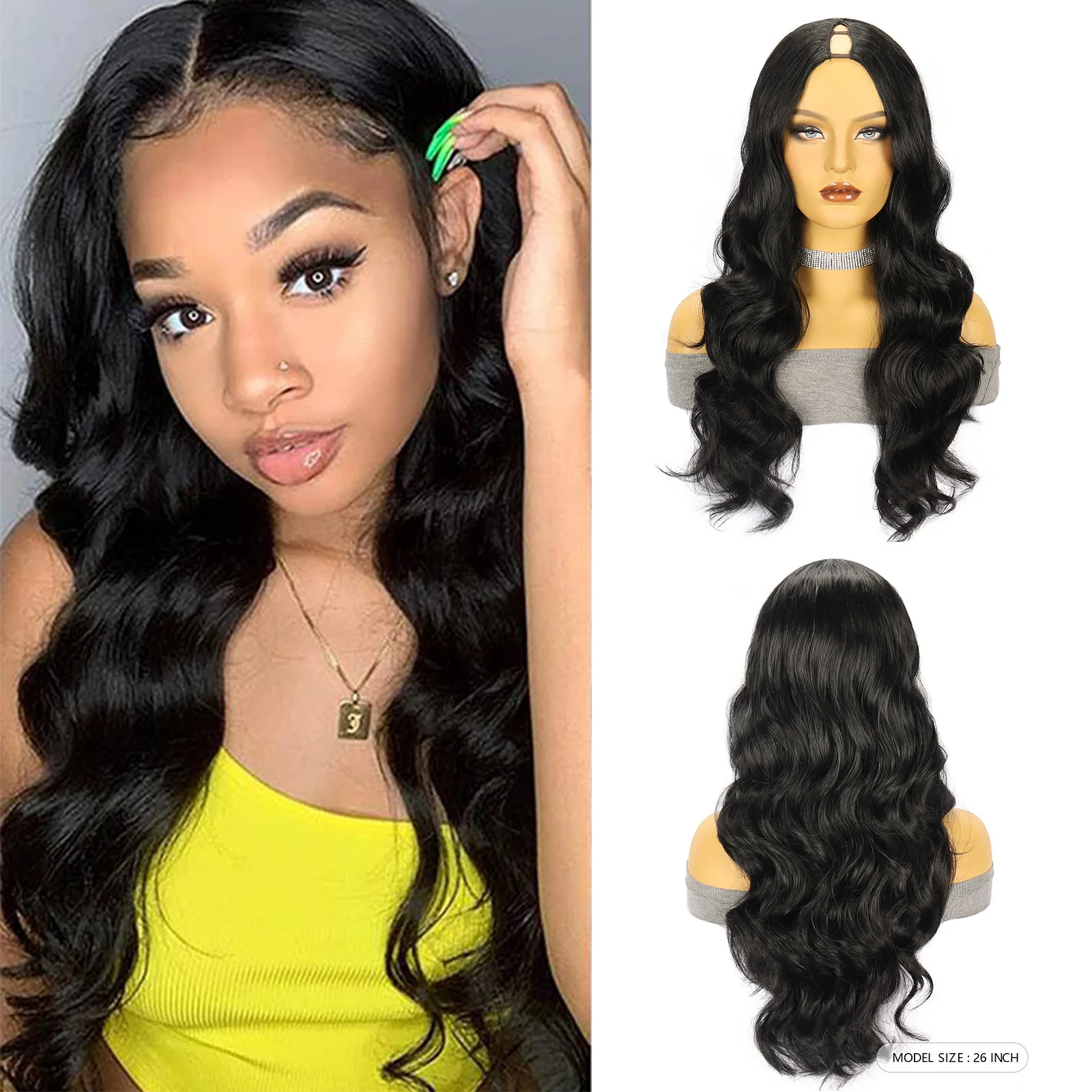 

Черный парик с V-образной частью, синтетический полупарик с волнистыми волосами, без клея, на заколке на всю голову, наращивание волос для женщин