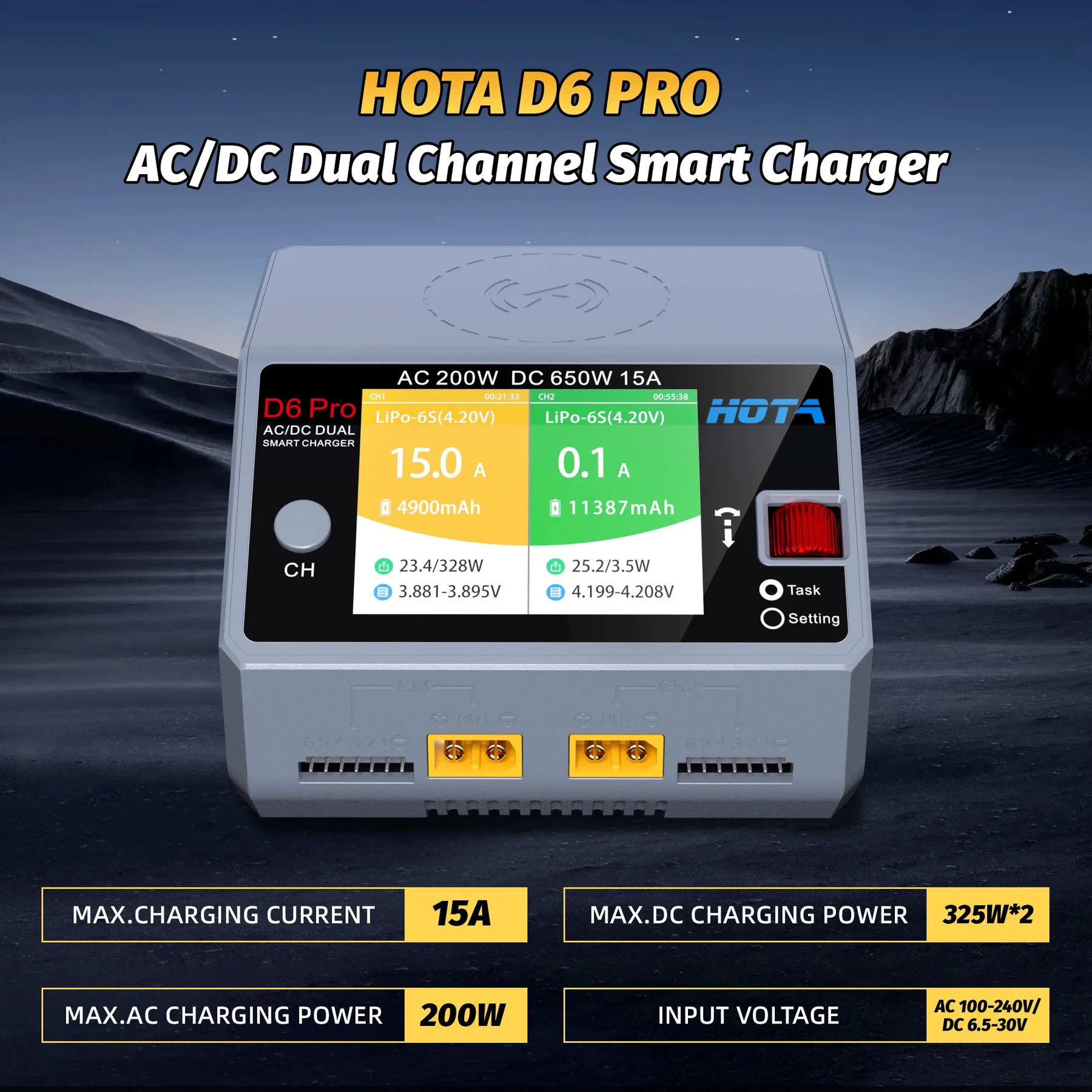 HOTA D6 Pro AC200W DC650W 15A شاحن ذكي مدمج شاحن لاسلكي متنقل لبطارية ليبو LiHV/NiZn/Nicd/NiMH 1-6S
