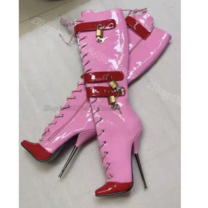 

Pink Lock Decor Ballet Boots Metal Heels Pointed Toe Side Zipper Lace up British Style Women Party Shoes Zapatos Para Mujere
