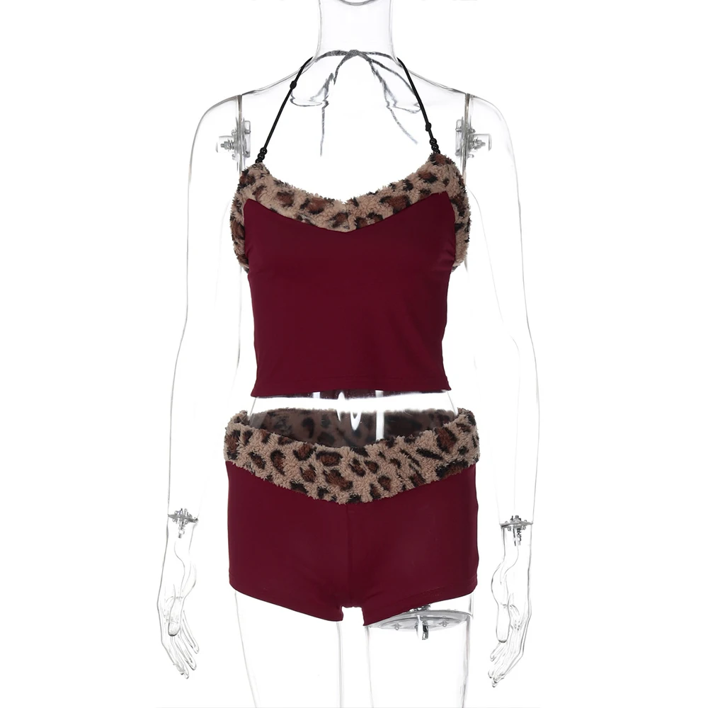 2026 Sexy Leopard Print Patchwork Crop Top and Shorts with Hanging Neck and Tight Straight Leg Pants Suitable for Women To Wear