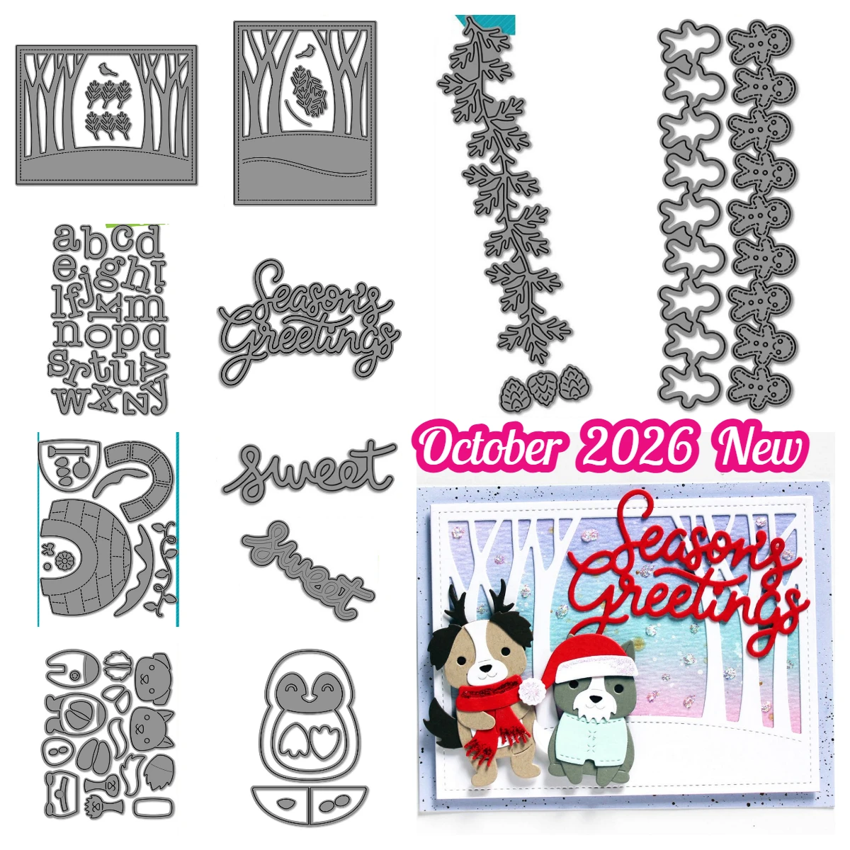 2026 Neue Weihnachts-Stanzformen „Große Umarmungen“ mit Pinguin, Tannenzapfen und Blättern aus Metall für DIY-Scrapbook, Tagebuch, Grußkarten, handgefertigt