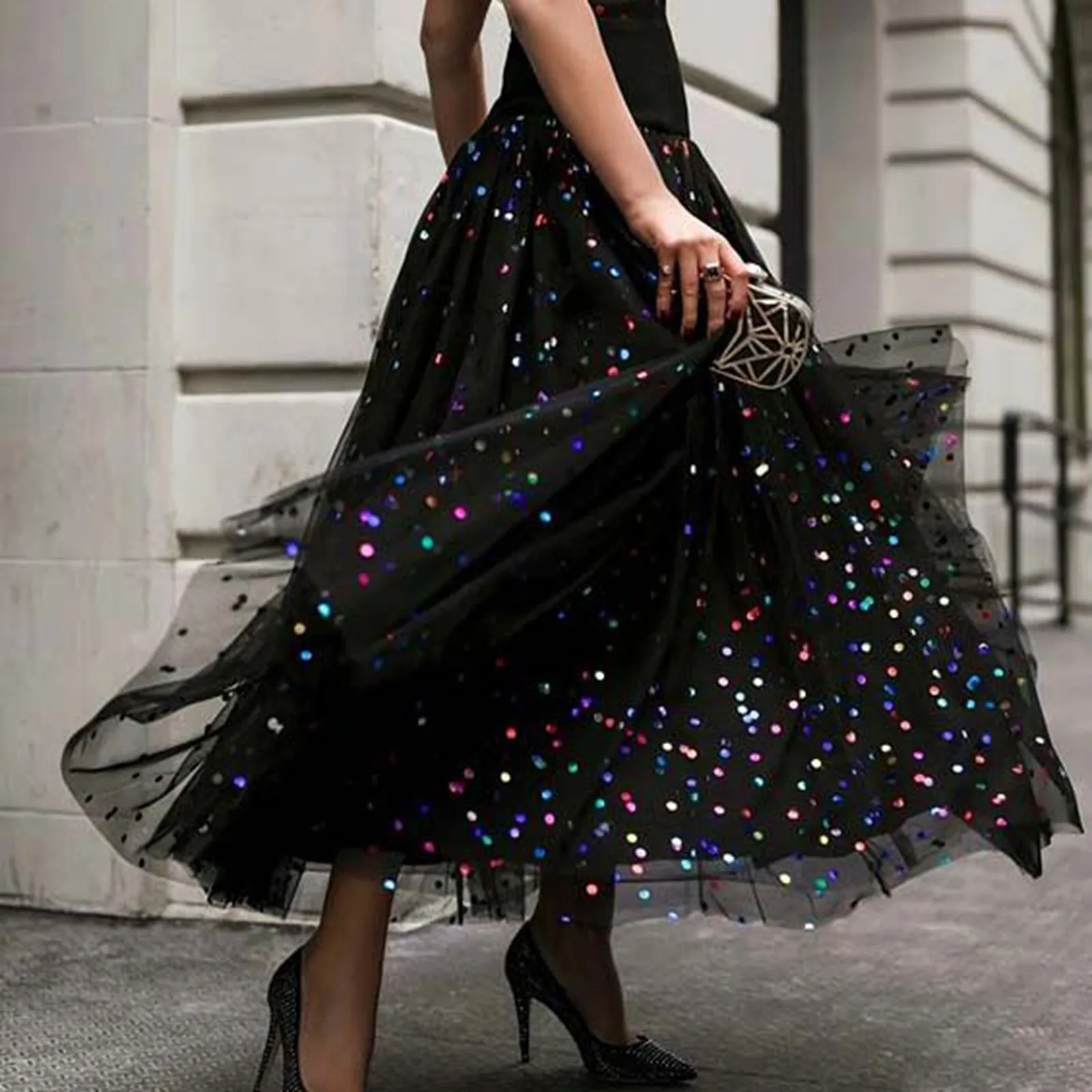 New Luxury Tulle Party Skirt Sequin Skirts Custom Made Ankle Length Network Sexy Club Young High Waist Women Long Skirt